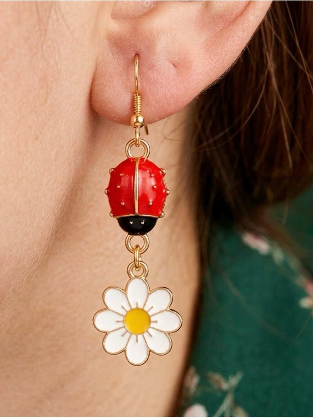 Ladybug and Daisy Drop Earrings